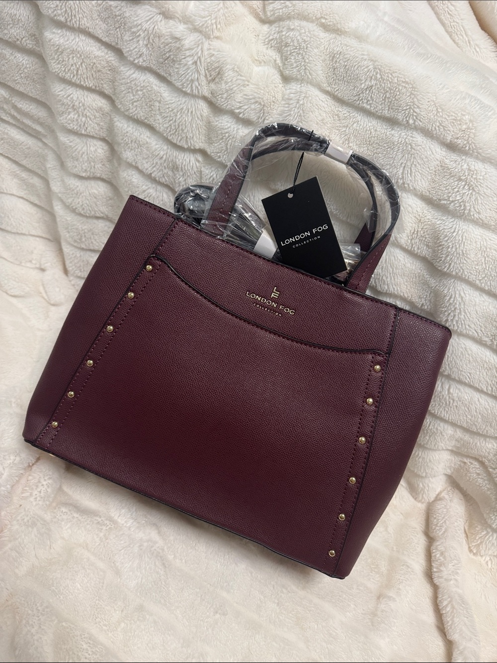 London Fog Burgundy Structured Satchel with Gold Stud Accents